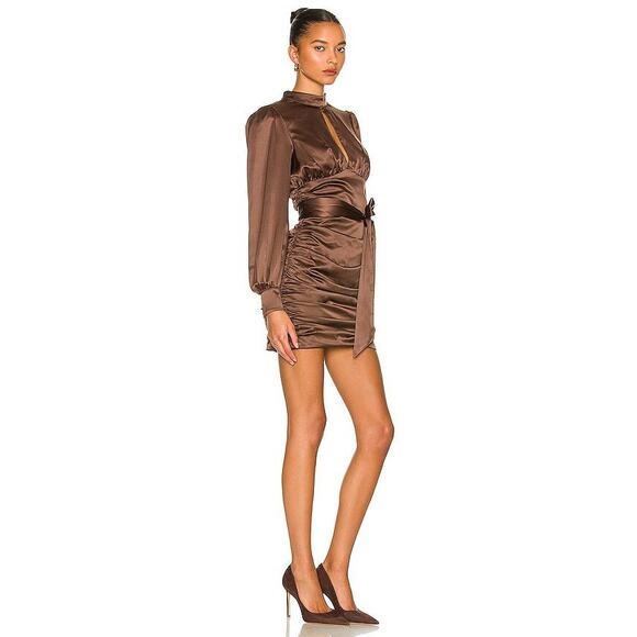 MAJORELLE Bristol Mini Dress Keyhole Neck Ruched Long Sleeve Chocolate Sz Small - Picture 2 of 14